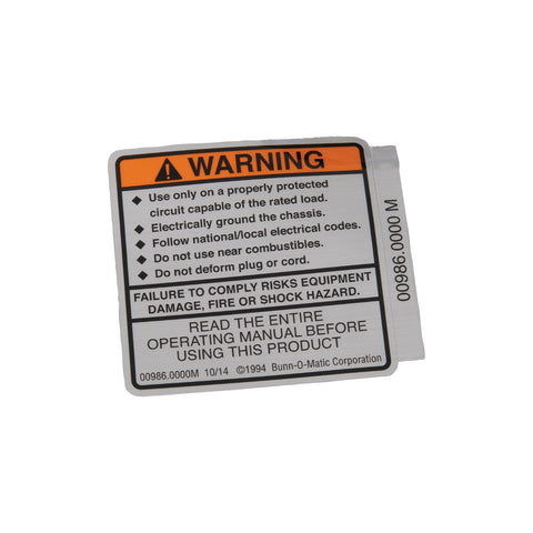 Bunn 00986.0000 Decal, Warning Electrical | Fits 1SH STAND & More