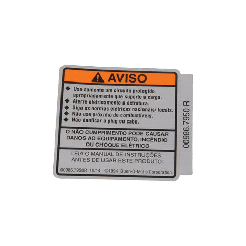 Bunn 00986.7950 Decal Warning Electrical Portuguese