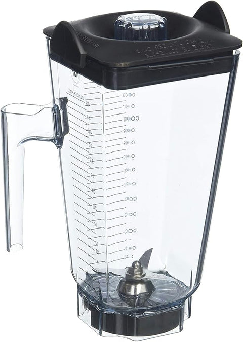 Blender jar with black lid and measurement markings on a white background