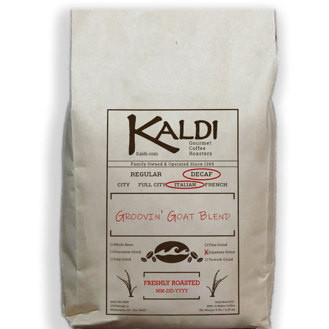 Decaf Italian Roast Kaldi's Groovin' Goat Blend Espresso Grind